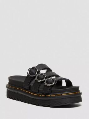 Dr. Martens BLAIRE FLOWER BUCKLE LEATHER SLIDE SANDALS in Black - Size 9